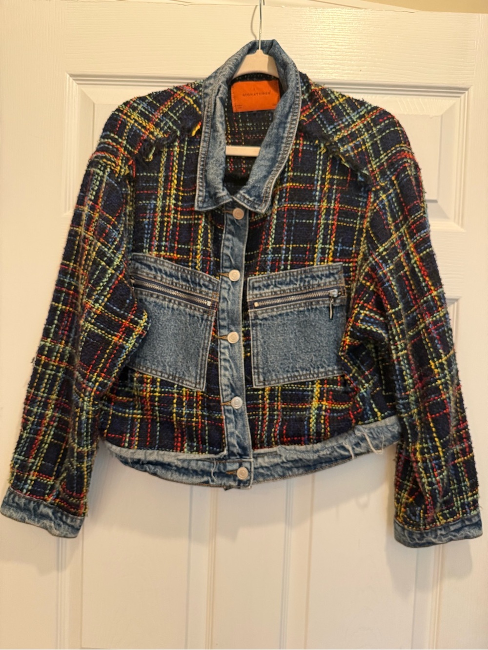 Signatures Anthropologie Plaid Tweed Denim Mixed Media Jacket Size L